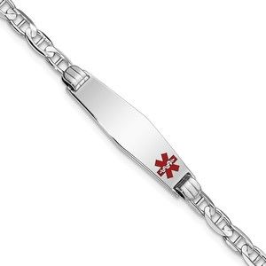 14K WG Medical Soft Diamond Shape Red Enamel Anchor Link ID Bracelet, 7"